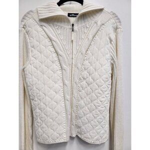 Effeci Womens Sweater Jacket Size Large Ivory Zip Up Front Long Sleeve Quilted